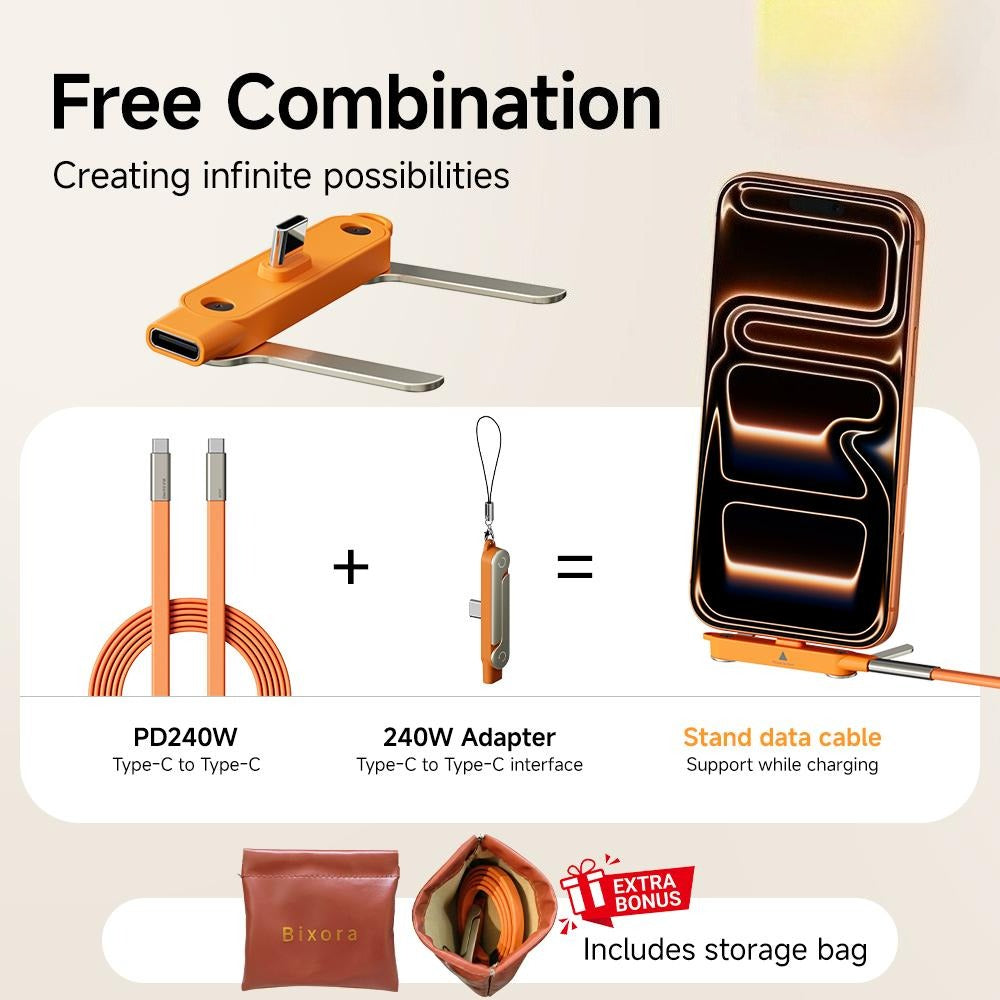 Super Fast Charging Cable with 360° Rotating Stand, Detachable Two-in-One Type-C Cable Compatible with Most Devices, Zinc Alloy & Silicone Construction, Ideal for Gaming, Office, and Car Use